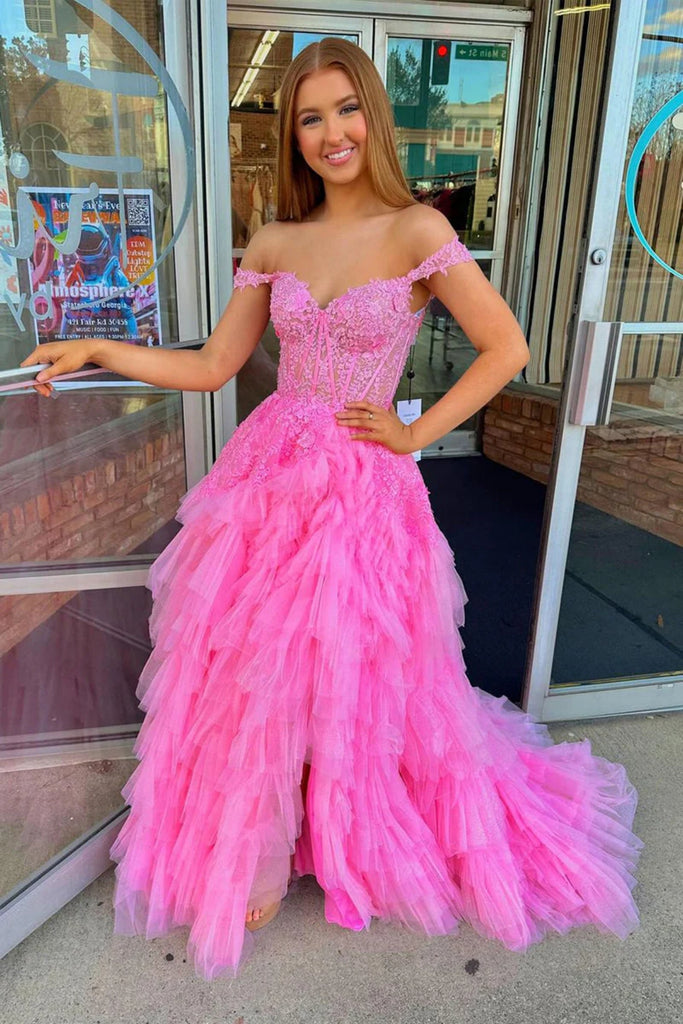 Off Shoulder Fluffy Hot Pink Lace Long Prom Dress with Slit, Hot Pink Lace Formal Dress, Lace Evening Dress A2212 Off Shoulder Fluffy Hot Pink Lace Long Prom Dress with Slit, Hot Pink Lace Formal Dress, Lace Evening Dress A2212