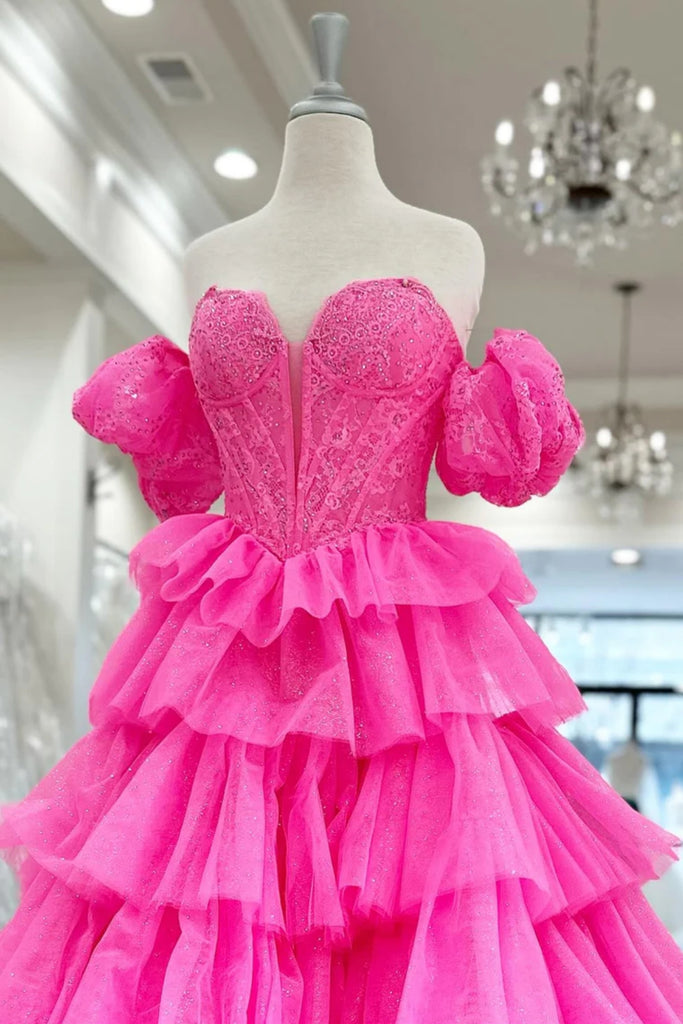 pink fluffy prom dress A Line Puffy Sleeves Tulle Long Dress, Pink Sweet 16 US 4 / Custom Color while the puffy sleeves offer a playful Glitter Lace Appliques Ruffle Tiered