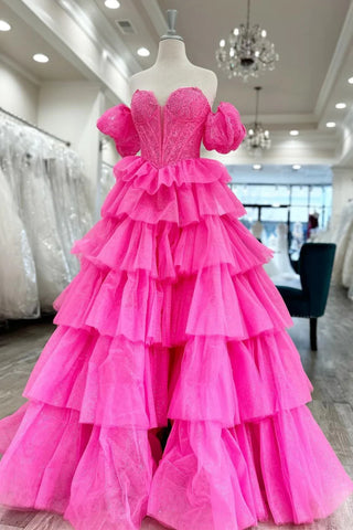 Off Shoulder Fluffy Layered Hot Pink Lace Long Prom Dress, Hot Pink Lace Formal Dress, Hot Pink Evening Dress A2058