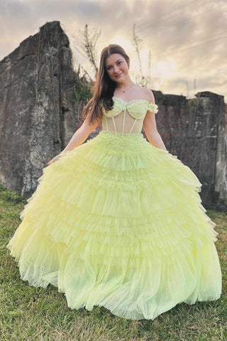 Off Shoulder Fluffy Yellow Tulle Long Prom Dress, Off the Shoulder Formal Evening Dress, Yellow Ball Gown A2037
