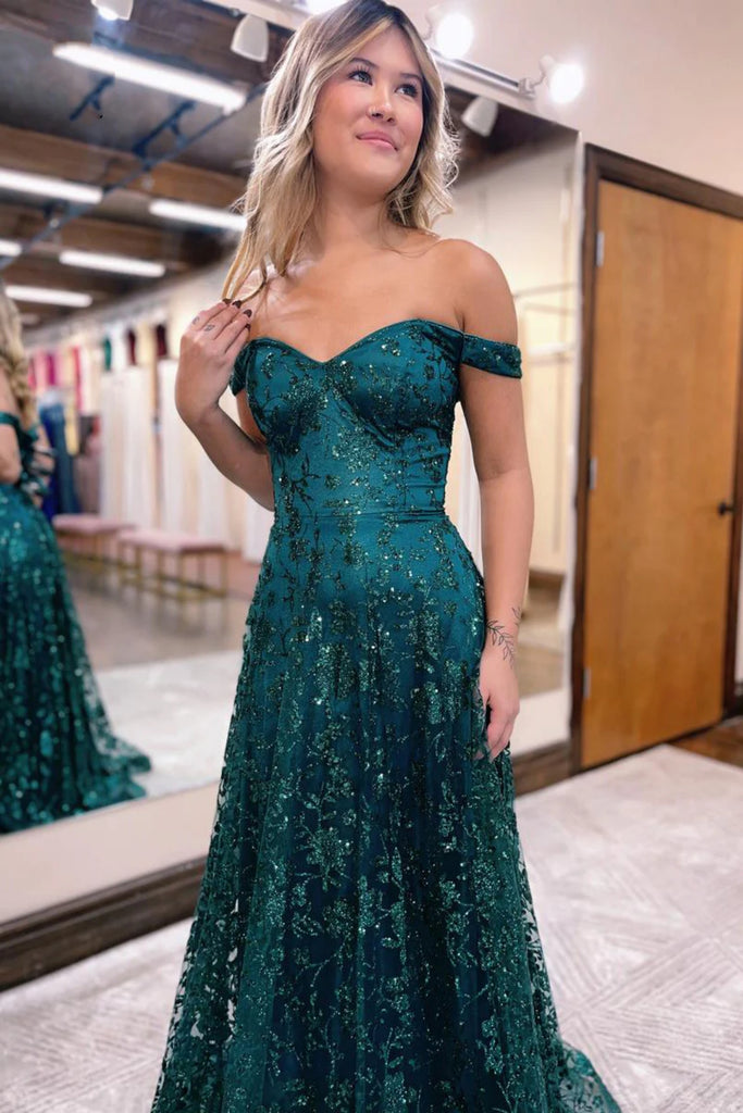 Off Shoulder Green Lace Long Prom Dress, Off the Shoulder Green Formal