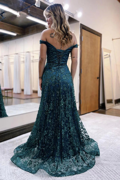 Off Shoulder Green Lace Long Prom Dress, Off the Shoulder Green Formal Dress, Green Lace Evening Dress A2042