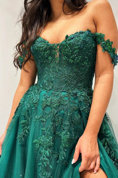 Off Shoulder Green Lace Long Prom Dress with Side Split, Green Lace Formal Dress, Green Evening Dress A2050