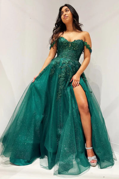 Off Shoulder Green Lace Long Prom Dress with Side Split, Green Lace Formal Dress, Green Evening Dress A2050