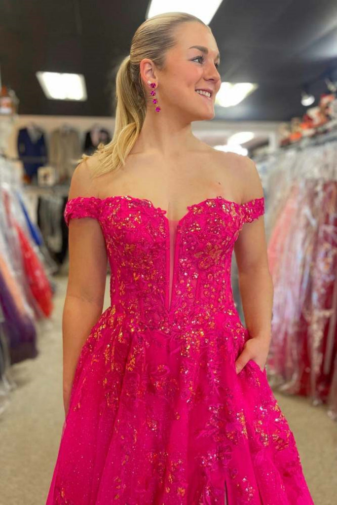 Off Shoulder Hot Pink Lace Long Prom Dress with High Slit, Off the Sho abcprom Off Shoulder Hot Pink Lace Long Prom Dress with High Slit, Off the Sho abcprom