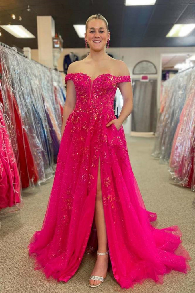 Off Shoulder Hot Pink Lace Long Prom Dress with High Slit, Off the Sho abcprom Off Shoulder Hot Pink Lace Long Prom Dress with High Slit, Off the Sho abcprom