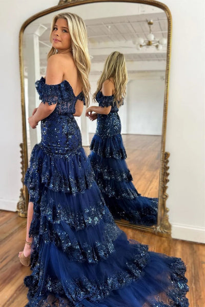 Off Shoulder Layered Navy Blue Lace Long Prom Dress with High Split, Off the Shoulder Navy Blue Formal Dress, Navy Blue Lace Evening Dress A2061