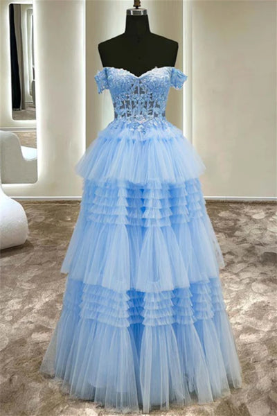 Off Shoulder Light Blue Lace Long Prom Dress, Light Blue Lace Formal Dress, Light Blue Evening Dress A1970