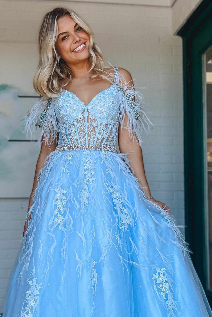 Off Shoulder Light Blue Lace Long Prom Dress with Belt, Beaded Off the