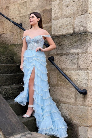 Gorgeous Strapless Blue Tulle Beaded Long Prom Dresses, Beaded Blue Fo –  abcprom
