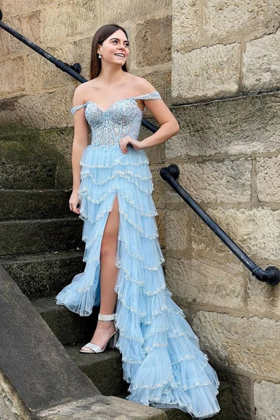 Off Shoulder Light Blue Lace Long Prom Dress with High Slit, Light Blue Lace Formal Dress, Layered Light Blue Evening Dress A2109