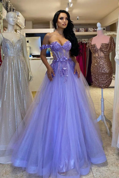 Off Shoulder Lilac Floral Long Prom Dress, Off the Shoulder Lilac Formal Dress, Lilac Lace Evening Dress A2074
