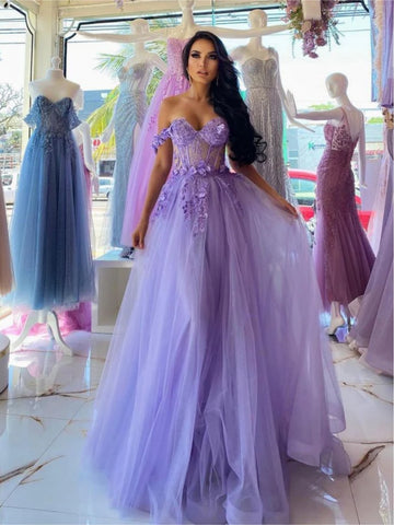 Off Shoulder Lilac Floral Long Prom Dress, Off the Shoulder Lilac Formal Dress, Lilac Lace Evening Dress A2074