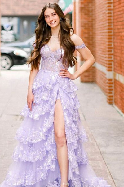 Off Shoulder Lilac Lace Long Prom Dress with High Slit, Lilac Lace Formal Dress, Lilac Evening Dress A2111