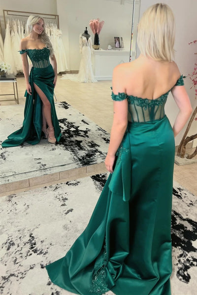 Off Shoulder Mermaid Beaded Green Lace Long Prom Dress with High Slit, Mermaid Green Formal Dress, Green Lace Evening Dress A2036