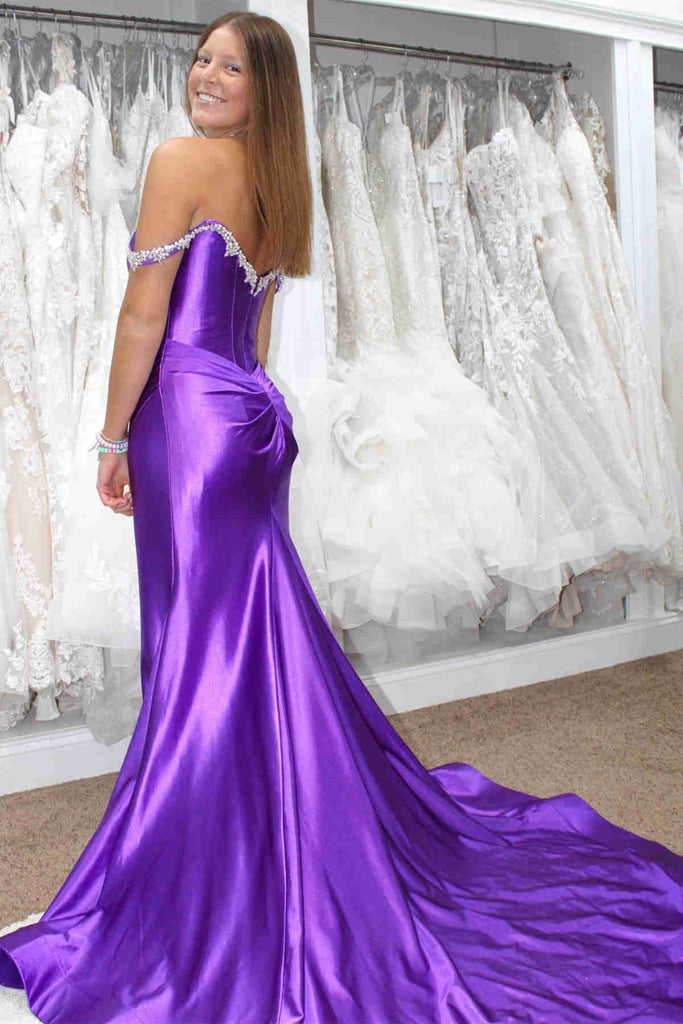 mermaid purple prom dresses Off Shoulder Mermaid Beaded Purple/Yellow/Black Long Prom Dress, Merma – abcprom