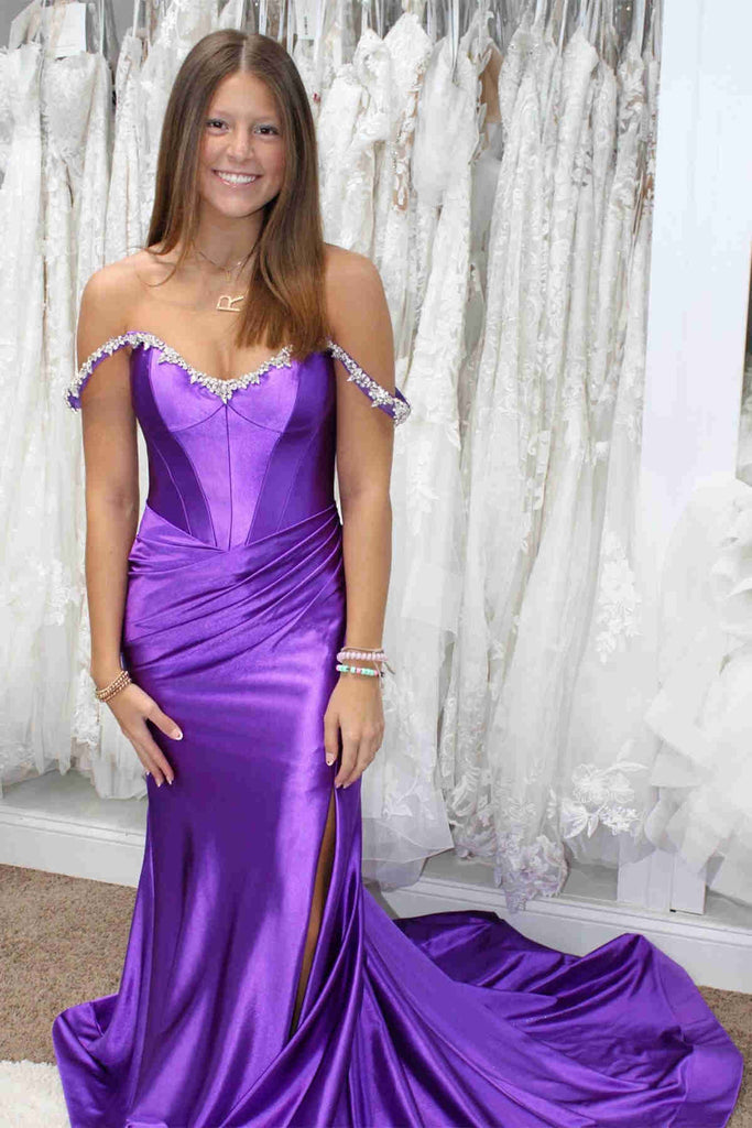 Off Shoulder Mermaid Beaded Purple/Yellow/Black Long Prom Dress, Merma abcprom Off Shoulder Mermaid Beaded Purple/Yellow/Black Long Prom Dress, Merma abcprom