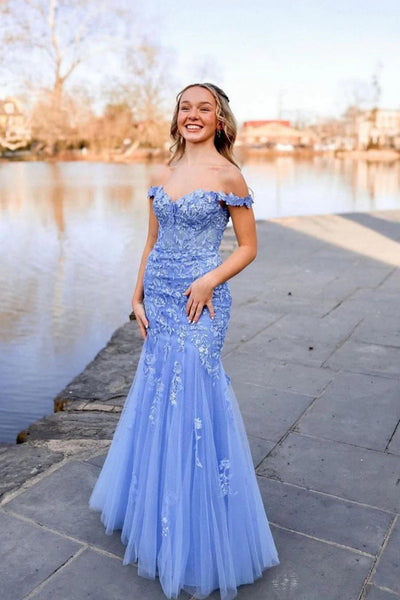 Off Shoulder Mermaid Blue Lace Long Prom Dress, Mermaid Blue Formal Dress, Blue Lace Evening Dress A2208