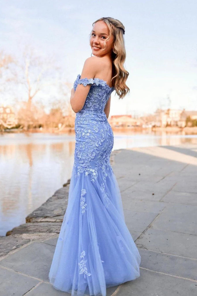 Off Shoulder Mermaid Blue Lace Long Prom Dress, Mermaid Blue Formal Dr