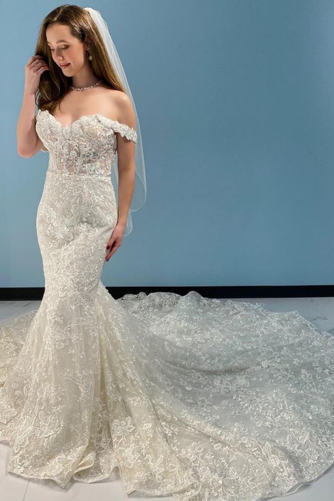 Off Shoulder Mermaid Ivory Lace Long Prom Dress, Ivory Lace Wedding Dr abcprom Off Shoulder Mermaid Ivory Lace Long Prom Dress, Ivory Lace Wedding Dr abcprom