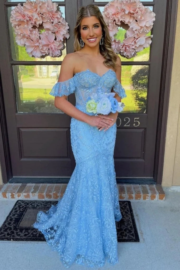 Off Shoulder Mermaid Light Blue Lace Long Prom Dress, Light Blue Lace – abcprom