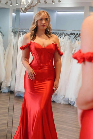 Off Shoulder Mermaid Red Long Prom Dress, Off the Shoulder Red Satin Formal Dress, Mermaid Red Evening Dress A2154