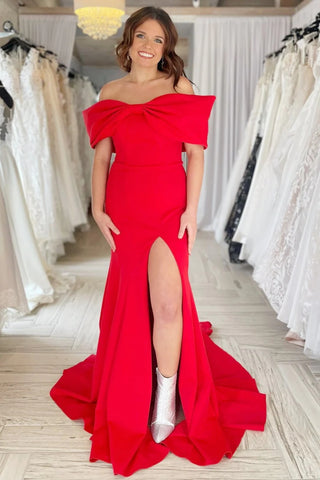 Off Shoulder Mermaid Red Long Prom Dress with High Slit, Mermaid Red Formal Dress, Red Evening Dress A2035