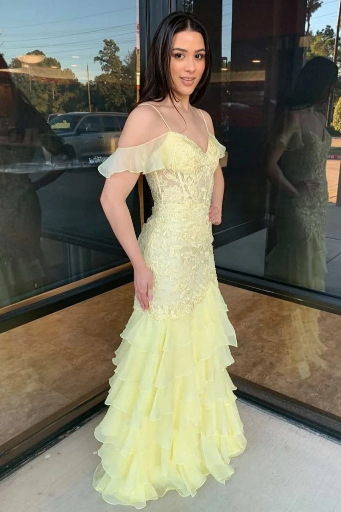 yellow lace off shoulder dress Gold Off Shoulder Tulle Quinceanera Dresses With Lace Appliques Golden / 14