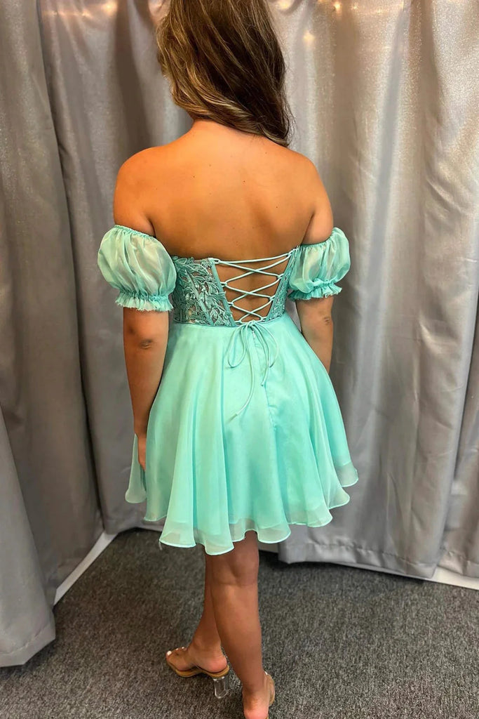 Off Shoulder Mint Green Lace Short Prom Dress, Off the Shoulder