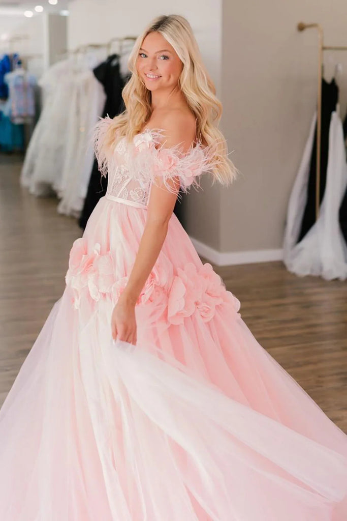 Off Shoulder Pink Lace Long Prom Dress with Flowers, Pink Floral Forma abcprom Off Shoulder Pink Lace Long Prom Dress with Flowers, Pink Floral Forma abcprom