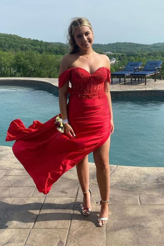 Off Shoulder Red Lace Long Prom Dress with High Slit, Red Lace Formal Dress, Long Red Evening Dress A2112