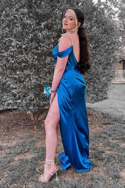 Off Shoulder Royal Blue Satin Long Prom Dress with High Slit, Off the Shoulder Formal Dress, Royal Blue Evening Dress A1934