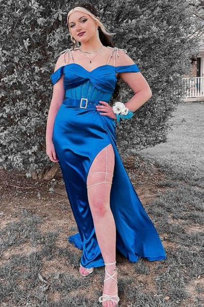 Off Shoulder Royal Blue Satin Long Prom Dress with High Slit, Off the Shoulder Formal Dress, Royal Blue Evening Dress A1934