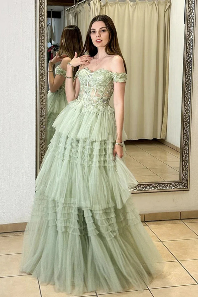 Off Shoulder Sage Lace Long Prom Dress, Layered Sage Lace Formal Dress abcprom Off Shoulder Sage Lace Long Prom Dress, Layered Sage Lace Formal Dress abcprom