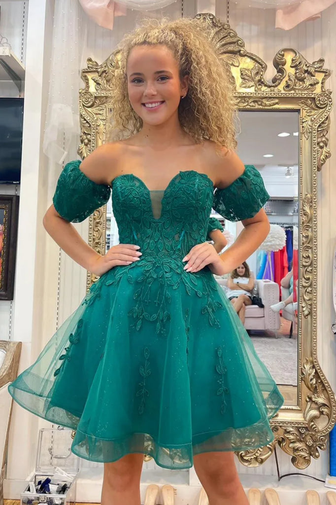 Off Shoulder Sweetheart Neck Green Lace Prom Dress, Short Green Lace H abcprom Off Shoulder Sweetheart Neck Green Lace Prom Dress, Short Green Lace H abcprom