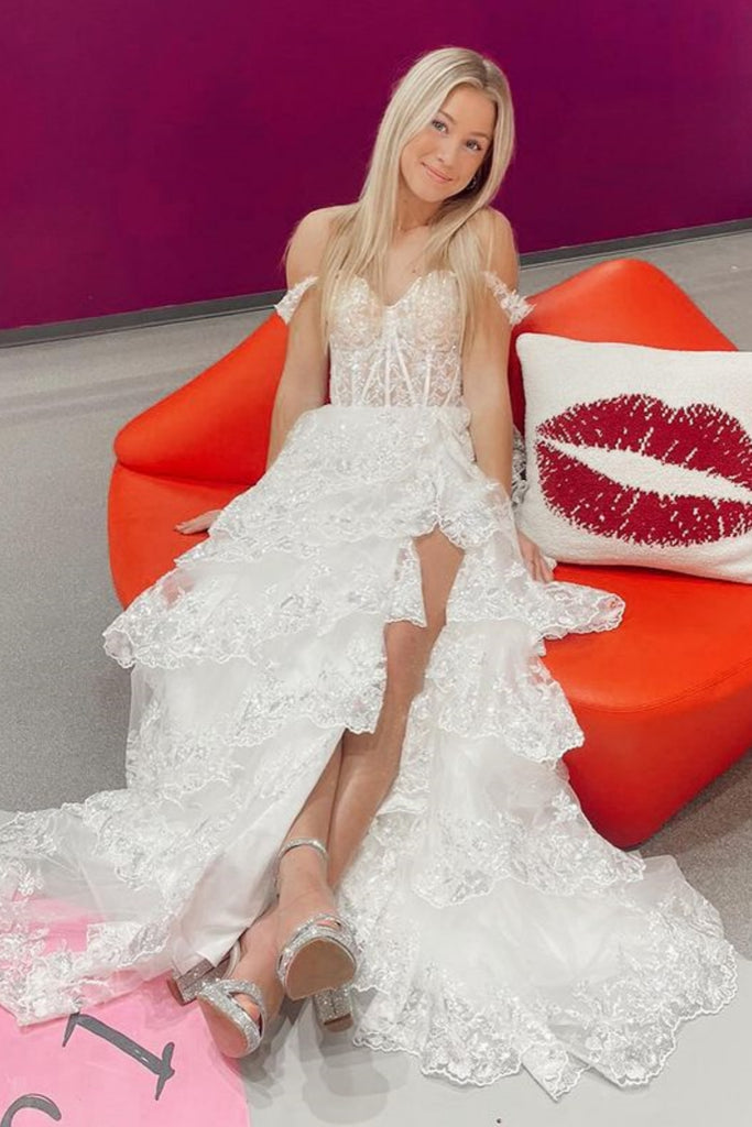 Off Shoulder White/Black Lace Long Prom Dress with High Slit, White/Bl abcprom Off Shoulder White/Black Lace Long Prom Dress with High Slit, White/Bl abcprom