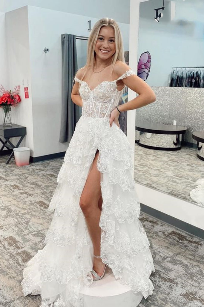 Elegant Off Shoulder White Lace Tulle Long Prom Dress with High Slit, –  abcprom