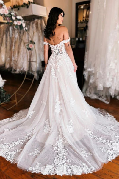 Off Shoulder White Lace Long Prom Dress with High Slit, White Lace Wedding Dress, White Formal Evening Dress A1952