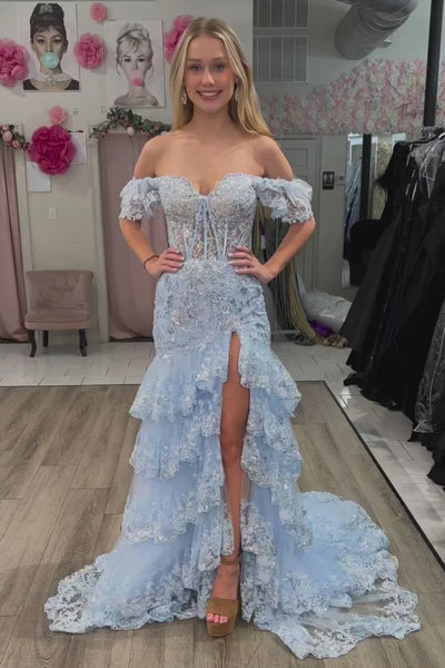 Off Shoulder Layered Navy Blue Lace Long Prom Dress with High Split, Off the Shoulder Navy Blue Formal Dress, Navy Blue Lace Evening Dress A2061