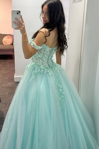 Off the Shoulder Aqua Lace Long Prom Dress, Aqua Lace Floral Formal Dress, Aqua Lace Evening Dress A2302