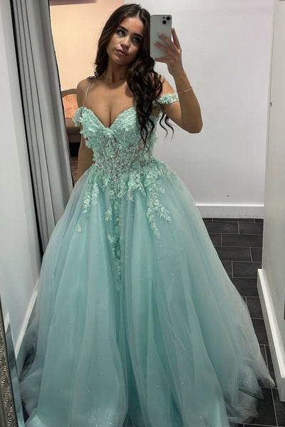 Off the Shoulder Aqua Lace Long Prom Dress, Aqua Lace Floral Formal Dress, Aqua Lace Evening Dress A2302
