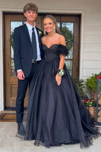 Off the Shoulder Beaded Black Long Prom Dress, Off Shoulder Black Formal Evening Dress, Black Ball Gown A1888