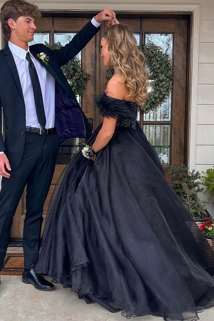 Off the Shoulder Beaded Black Long Prom Dress, Off Shoulder Black Form