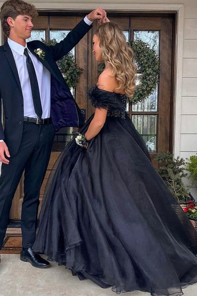 Off the Shoulder Beaded Black Long Prom Dress, Off Shoulder Black Formal Evening Dress, Black Ball Gown A1888