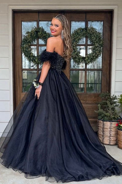 Off the Shoulder Beaded Black Long Prom Dress, Off Shoulder Black Formal Evening Dress, Black Ball Gown A1888