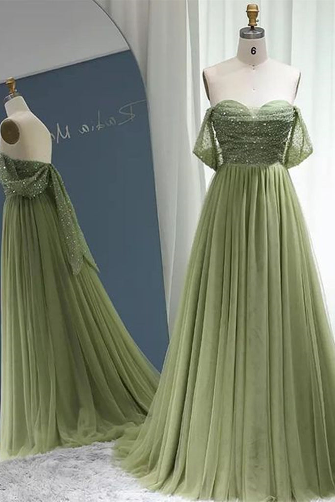 Off the Shoulder Beaded Green Tulle Long Prom Dress, Off Shoulder Gree