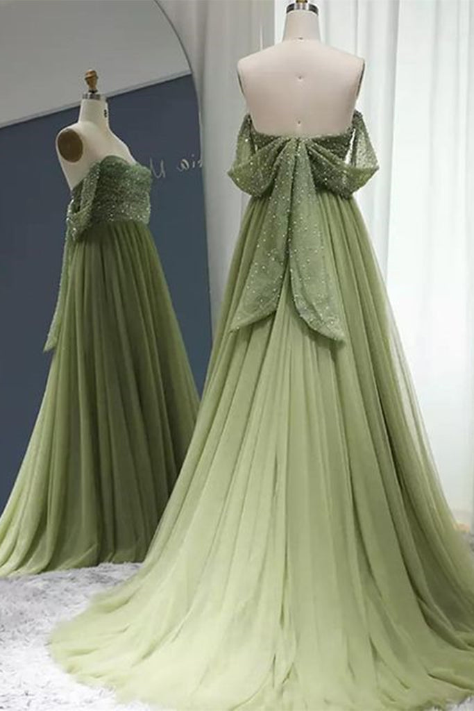 Off the Shoulder Beaded Green Tulle Long Prom Dress, Off Shoulder Gree