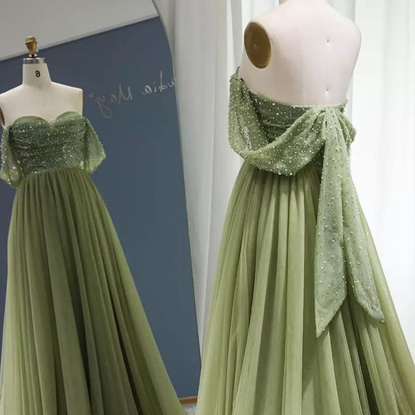 Off the Shoulder Beaded Green Tulle Long Prom Dress, Off Shoulder Green Formal Dress, Beaded Green Evening Dress A1881