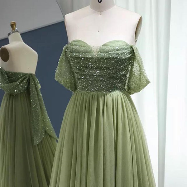 Off the Shoulder Beaded Green Tulle Long Prom Dress, Off Shoulder Green Formal Dress, Beaded Green Evening Dress A1881