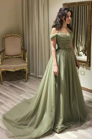 Off the Shoulder Beaded Green Tulle Long Prom Dress, Off Shoulder Green Formal Dress, Beaded Green Evening Dress A1881